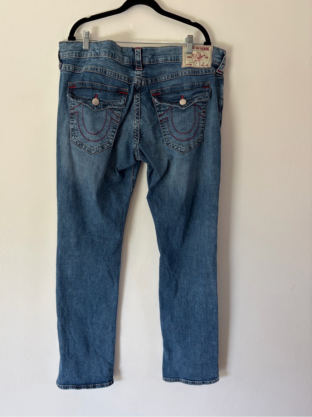 True Religion Ricky SN Flap Relaxed Straight Jeans Blue Red Stitch Y2K Size 38